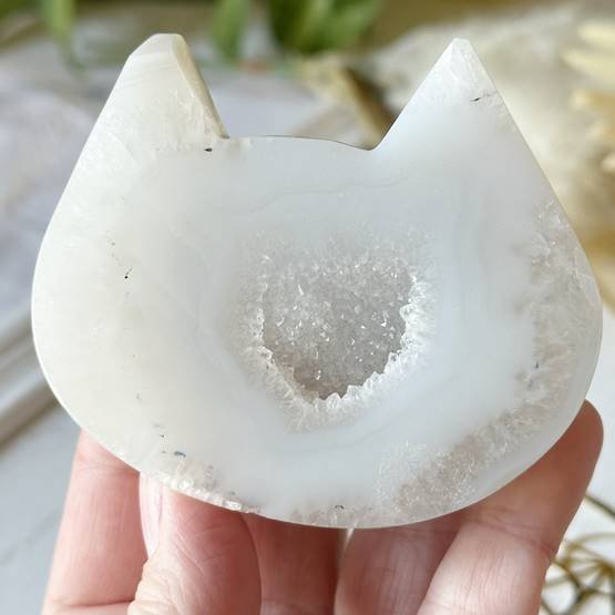 White Agate with Quartz Druzy Cat Carving
