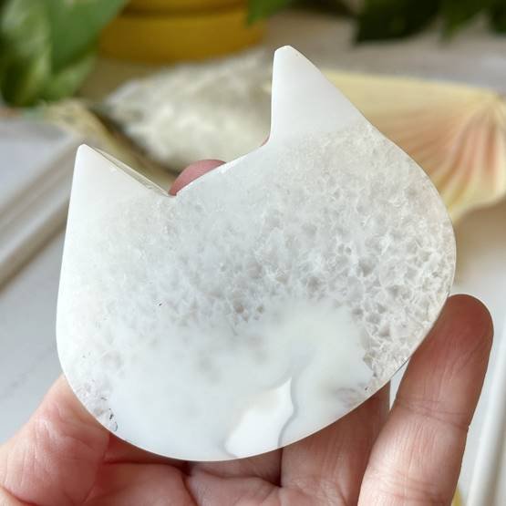 White Agate with Quartz Druzy Cat Carving