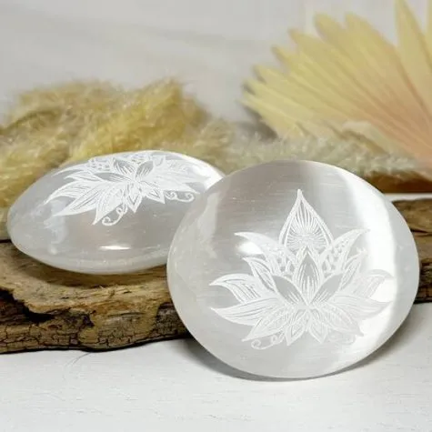 Satin Spar Selenite palm stone with lotus