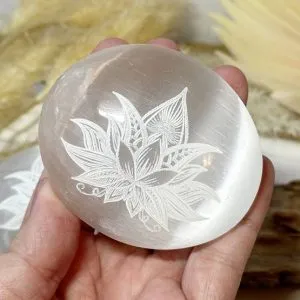 Satin Spar Selenite palm stone with lotus