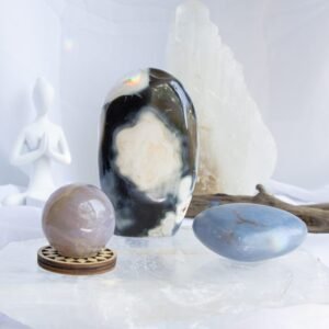 Soul Soother Crystal Set. A calming crystal set for emotional healing and softness—featuring Blue Rose Quartz, Angelite, and Orca Agate