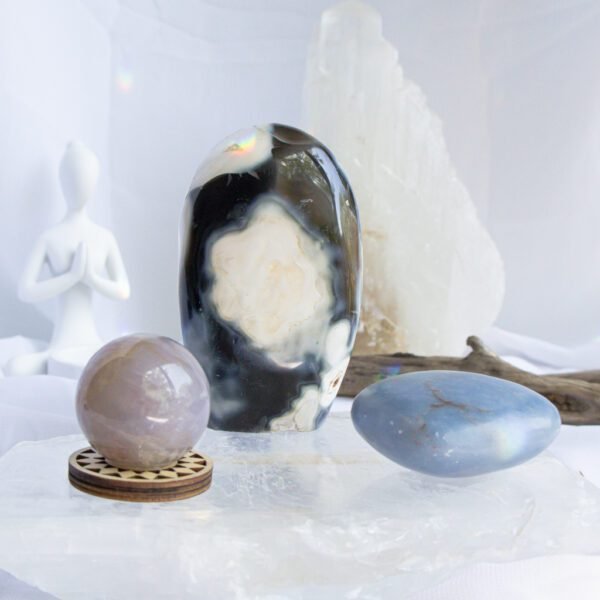 Soul Soother Crystal Set. A calming crystal set for emotional healing and softness—featuring Blue Rose Quartz, Angelite, and Orca Agate