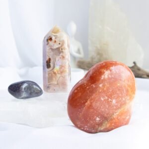 The Creative Spark Set. Crystal set for creativity, joy, and expression—featuring Blood Orange Calcite, Iolite, and Flower Agate