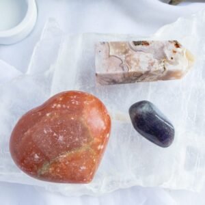 The Creative Spark Set. Crystal set for creativity, joy, and expression—featuring Blood Orange Calcite, Iolite, and Flower Agate