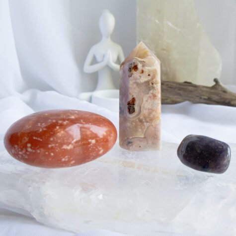 The Creative Spark Set. Crystal set for creativity, joy, and expression—featuring Blood Orange Calcite, Iolite, and Flower Agate