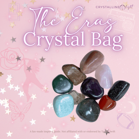 The Eras Crystal Bag includes 11+ tumbled stones inspired by Taylor Swift’s albums