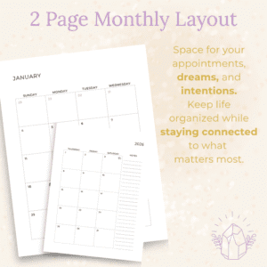 Open monthly layout from The Aligned Year 2026 Weekly Planner showing calendar boxes, focus prompts, and moon phase icons.