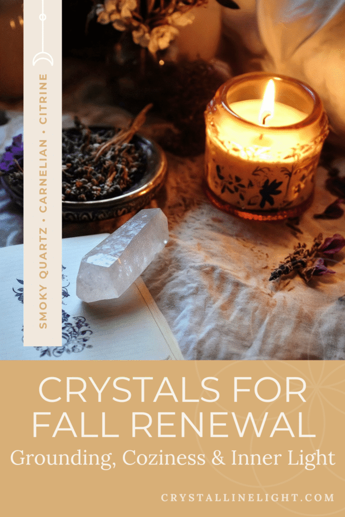 Fall crystals for renewal – Smoky Quartz, Citrine, Carnelian, Selenite, and Moss Agate with autumn leaves and candle.