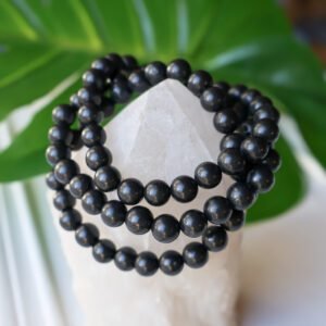 Shungite crystal bracelet with polished black 8mm beads, handmade energy protection jewelry for grounding and EMF shielding