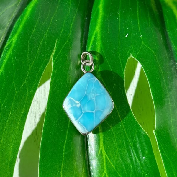 Larimar Sterling Silver Pendant from the Dominican Republic. Calming, heart-opening energy for compassion and clear expression.