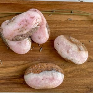 Pink Aragonite palm stone with soft pink and cream patterns, heart-healing crystal for emotional support and self-compassion