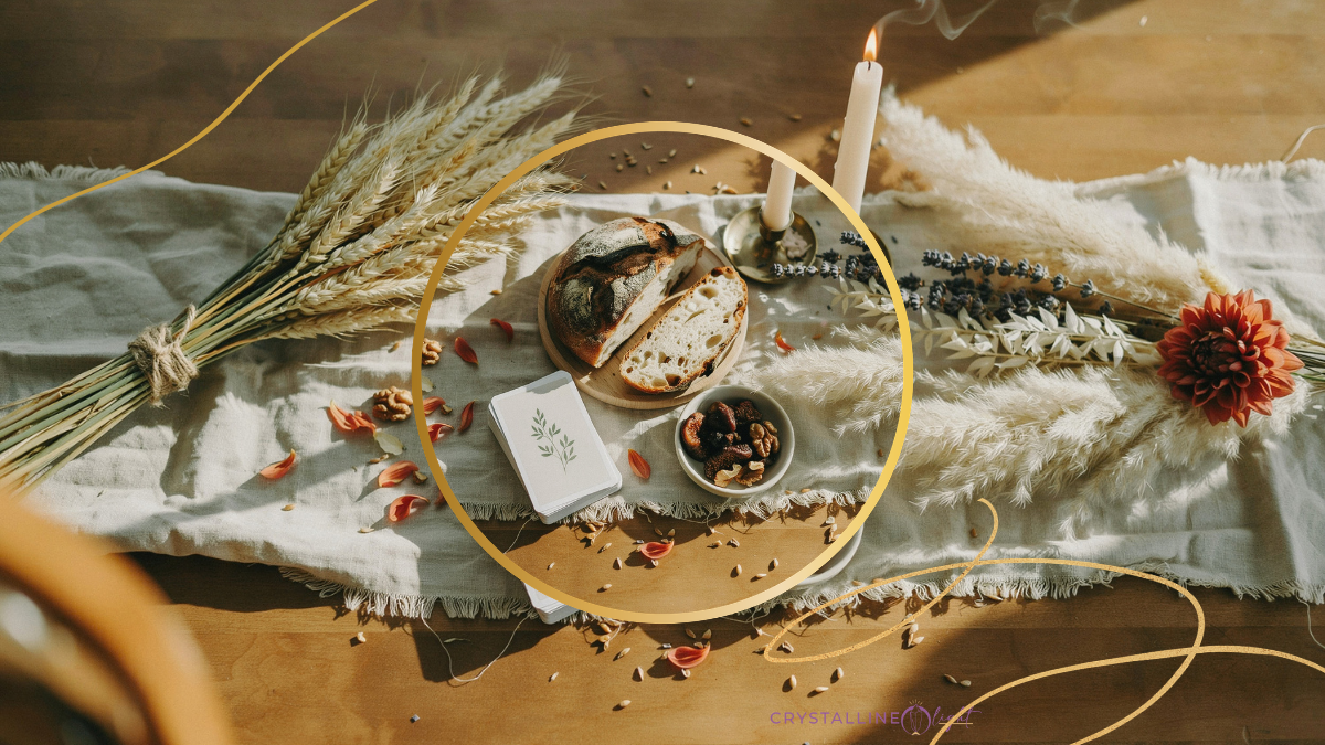 Fall wheat and botanicals on a table for a Crystals for Fall Simple Practices for a Mindful Reset blog